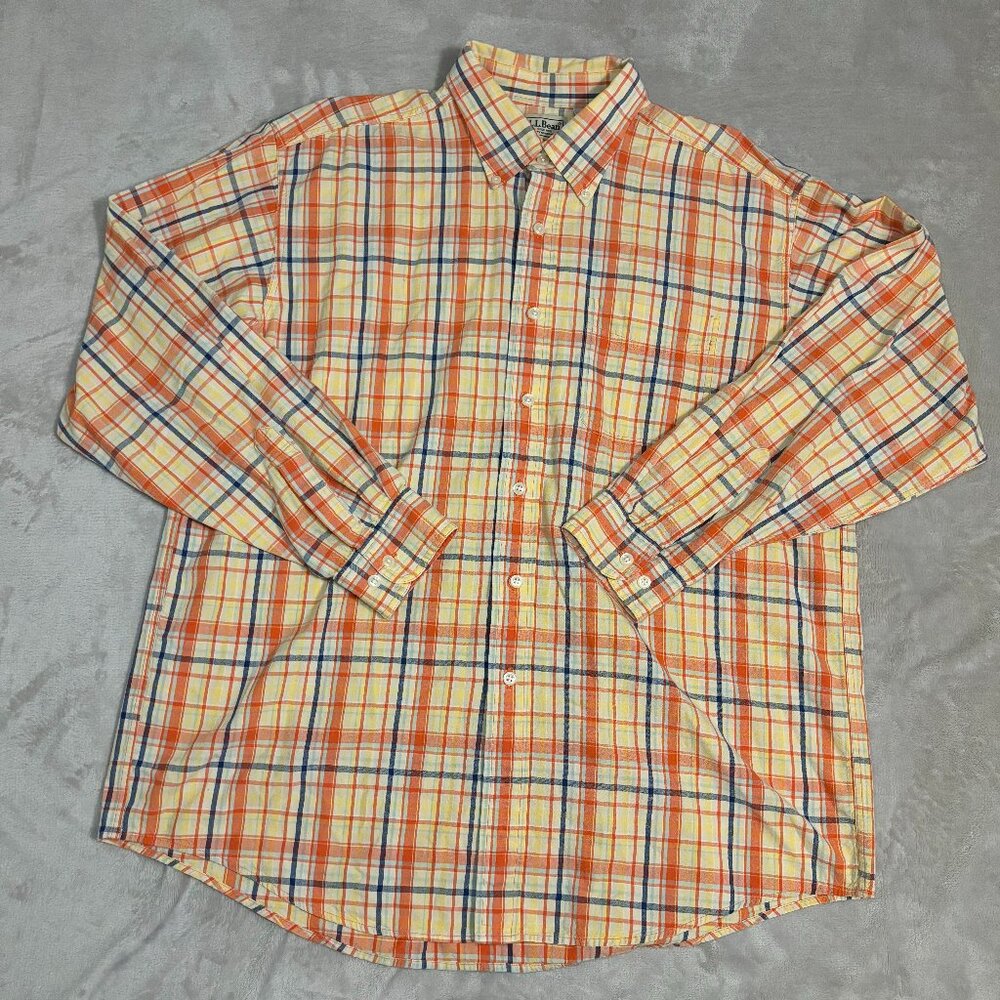 LL Bean OCBD Long Sleeve Shirt Mens Large Plaid Orange Yellow Blue Outdoor PB47